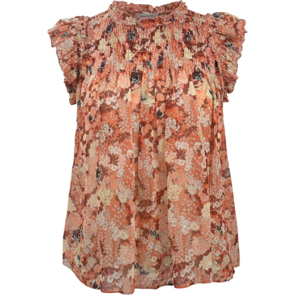 Ulla Johnson Blouse Womens Size 0 Orange Floral Silk Smocked Metallic Top